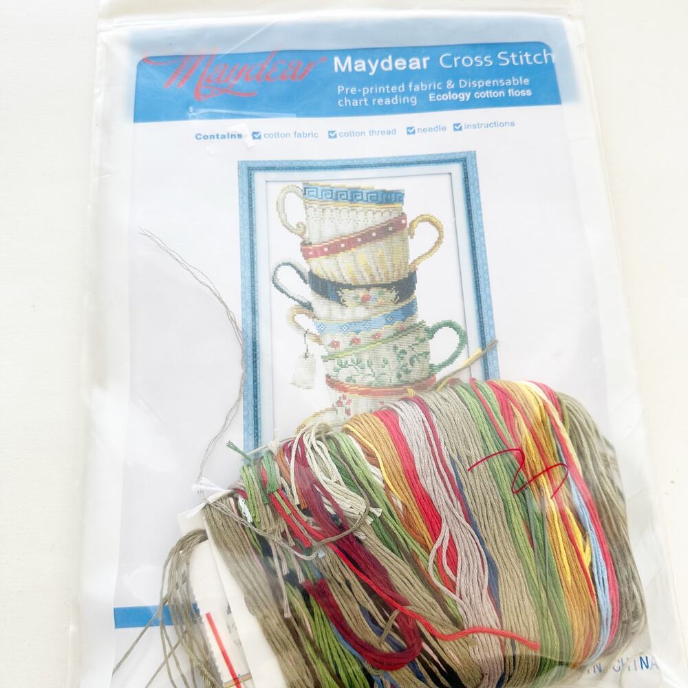 Maydear Cross Stitch Kit Teacup Pattern Pre Printed Fabric Embroidery Set